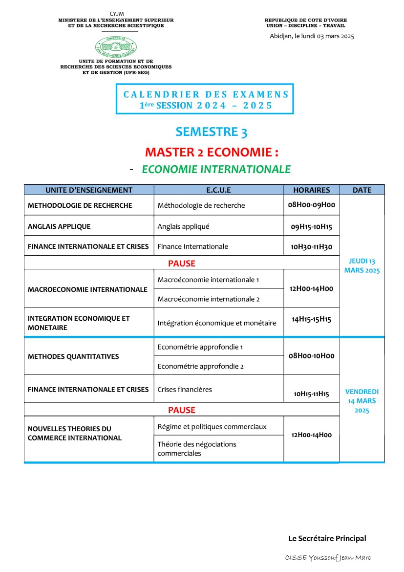 Master 2 economie internationale : 1ere SESSION 2024-2025 semetre 3
