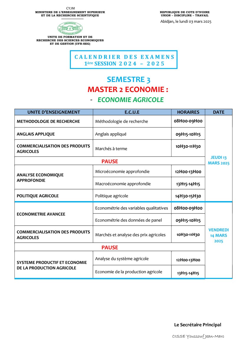 Master 2 economie agricole : 1ere SESSION 2024-2025 semetre 3