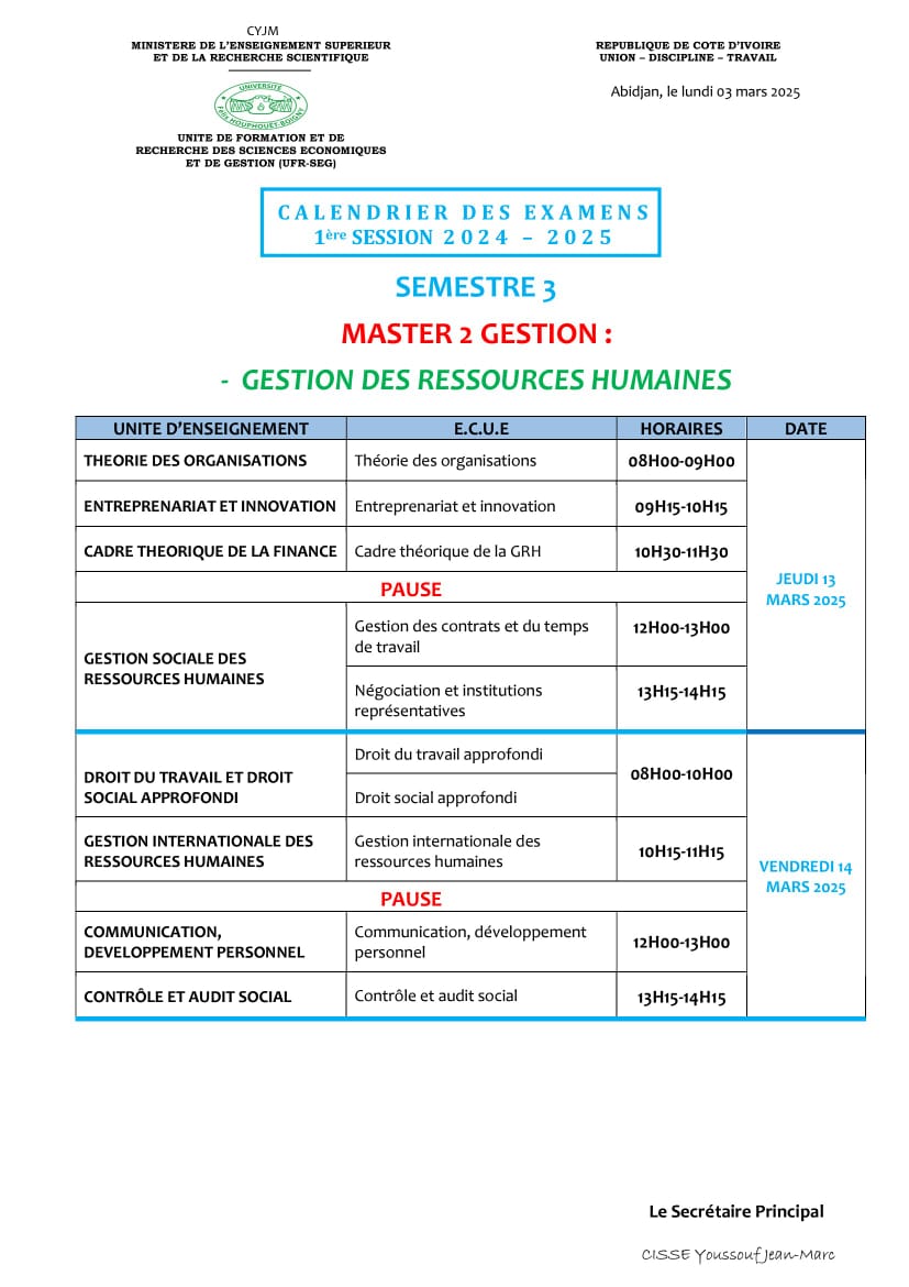 Master 2 gestion des ressources humaines : 1ere SESSION 2024-2025 semetre 3