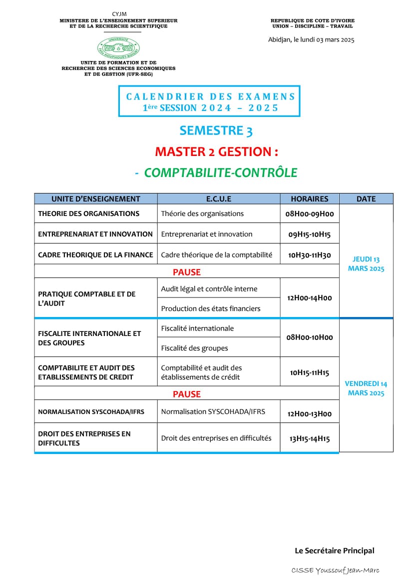 Master 2 comptabilité controle : 1ere SESSION 2024-2025 semetre 3