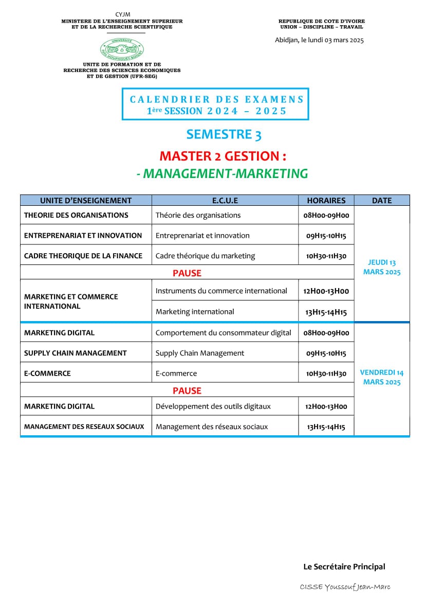 Master 2 management markenting : 1ere SESSION 2024-2025 semetre 3