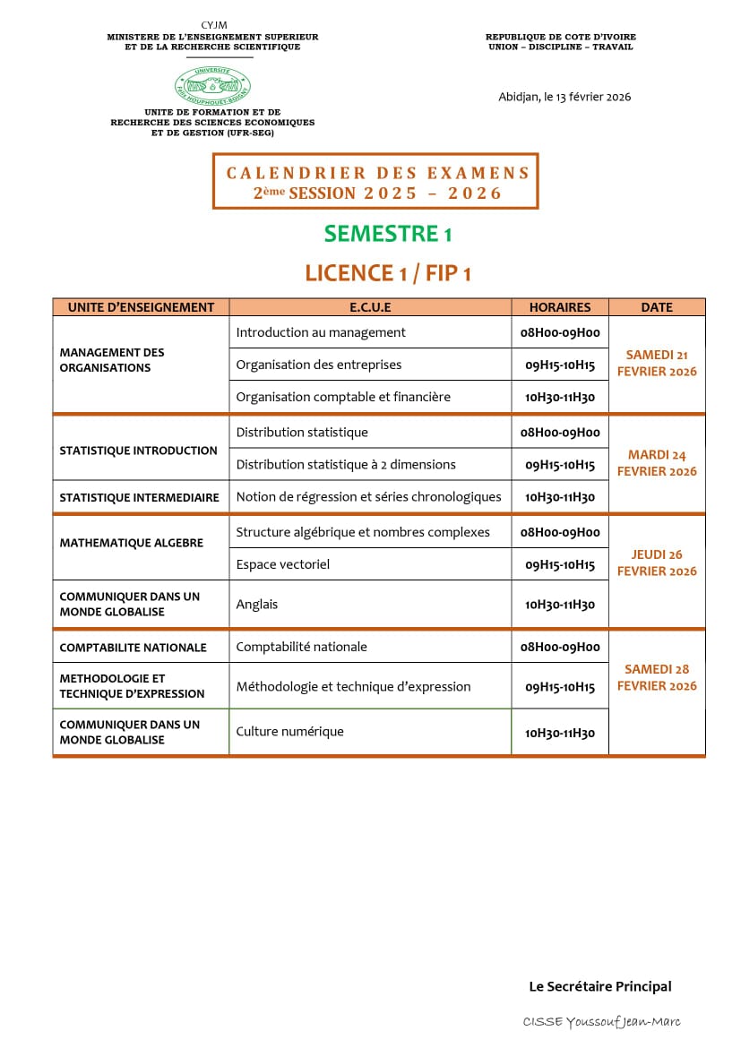 CALENDRIER DES EXAMENS DE 2eme SESSION L2/FIP2
