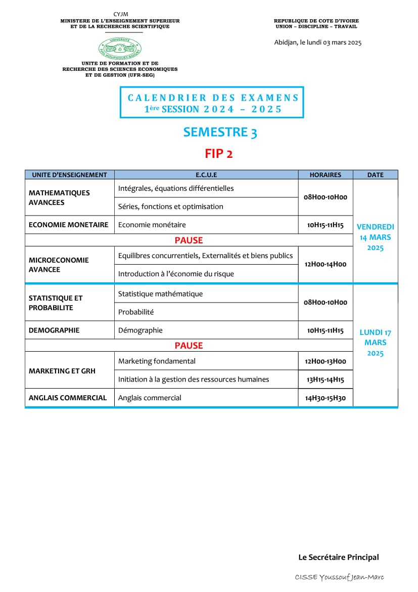 FIP 2 : 1ere SESSION 2024-2025 semetre 3