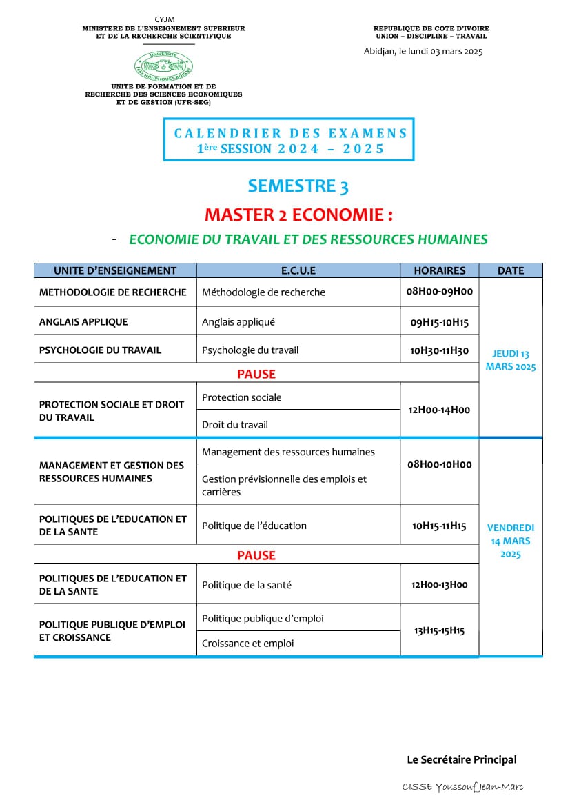 Master 2 Economie du travail et des ressources humaines : 1ere SESSION 2024-2025 semetre 3